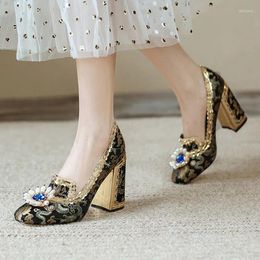 Dress Shoes Black Printing Silk Women Shallow Pumps Crystal Pearl Beading Floral Chunky High Heels Large Size43 Red Wedding Light Blue