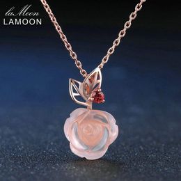 LAMOON Rose Flower 925 Sterling Silver Necklace Rose Quartz Gemstone Necklaces 18K Rose Gold Plated Fine Jewelry LMNI025 210330251y