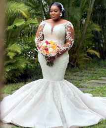 2024 African Sexy Wedding Dresses Bridal Gowns Luxurious Lace Appliques Crystal Beads Illusion Jewel Neck Mermaid Long Sleeves Custom Plus Size Sweep Train 403