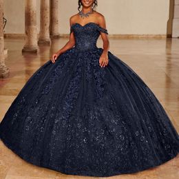 Sparkly Navy Blue Off the Shoulder Ball Gown Quinceanera Dress Sweetheart Applique Bead Birthday Party Sweet 16 Vestidos De 15 Anos