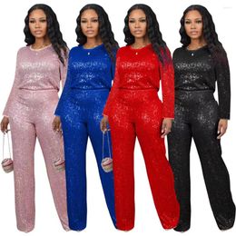 Women's Two Piece Pants 2024 Blingbling Sequined Women Long-sleeved Trousers Two-piece Set For Party Club Streetwear T Shirt And Suit