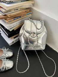 School Bags Korean Fashion Casual PU Leather Silver Y2K Aesthetic Schoolbags For College Students Solid Color Vintage Soft Travel Backpack