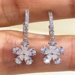 Hoop Earrings Flower Cute Twinkle Long Pendant For Women's Silver Color Girls Fashion Cubic Zirconia Earring Jewelry Gift KBE371
