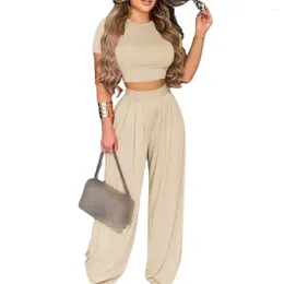 Women's Two Piece Pants Sweet Summer Suit Elegant O Neck Soft Solid Colour Wide Legs Women Light