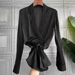 Women's Blouses Shirts Black Suit Collar Long-sleeved Blouse Womens Tops Camisas De Mujer