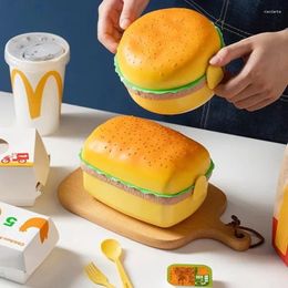 Dinnerware Hamburger Lunch Box Double Tier Cute Burger Bento Microwave Children School Meal Container Fork Tableware Set Gifts