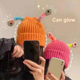 Berets Knitted Hat Cute Warm Windproof Solid Color Women's Winter Beanie With Cartoon Eye Decor Thick High For Ear