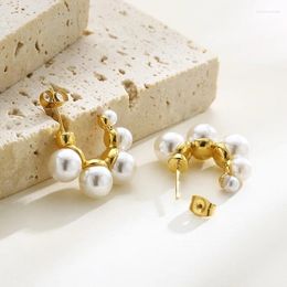 Dangle Earrings For Women Gold Colour Stainless Steel Shell Imitation Pearls Open Semi-Circle Drop Jewellery Wholesale