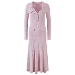 Casual Dresses Spring 2024 Pink Knitted Elastic Women Midi Dress Turn-Down Collar Full Sleeve Slim Fishtail