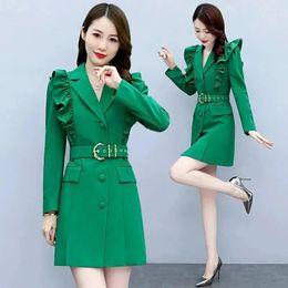 Women's Suits 2024 Fashion Green Trench Coat Women Spring Autumn Ruffle Chic Windbreaker Slim Waistband Long Outerwear Casual Blazer Tops