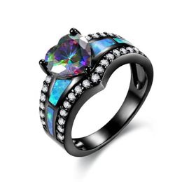 Black Plated Rainbow Blue Green Purple Stone Blue Opal Heart Rings For Women Fashion Jewelry Cocktail Ring Gift292N