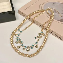 Choker Aesthetic Harajuku Double Layer Chain Champagne Colored Imitation Pearl Shell Necklace For Women Sweet Cool Charmed Accessories