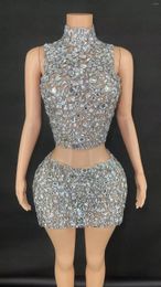 Skirts Sparkly Crystals Top Backless Short Skirt Two Pieces Sexy Mesh Transparent Celebrate Evening Prom Birthday Dress Show Stage Wear