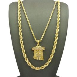 HIP HIP ICED OUT JESUS FACE PENDANT W 24 10mm 30 ROPE CHAIN NECKLACE SET 2 PCS Necklace Set Rapper Accessories268i