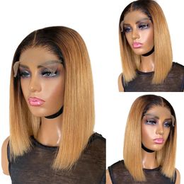 Short Ombre Honey Blonde Bob Wig With Baby Hair Honey Brown Straight Human Hair Wigs Lace Part 1b27 Brown Wigs For Black Women 231229