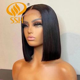 SSH Straight Short Bob Human Hair Wigs for Black Women Lace Part Brazilian Hair Wigs Remy Hair Middle Part Side For Brown Women 231229