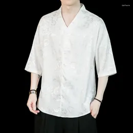 Men's Casual Shirts Short Sleeve T-shirt 2024 Summer Chinoiserie V-neck Jacquard Vintage Tang And Han Costume Fashion Top