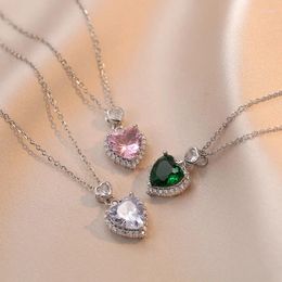 Pendant Necklaces Cute Pink Green Stone Love Heart Clavicle For Women Silver Gold Color Chains Necklace White Zircon Jewelry CZ
