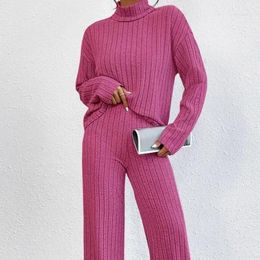 Women's Two Piece Pants Women Sets Solid Pant Set Knitted Turtleneck Full Sleeve Sweaters Top Loose Casual Elastic Waist Wide Leg Long