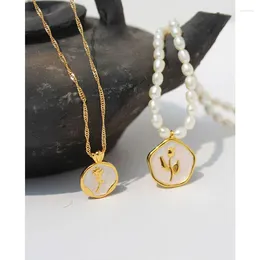 Pendant Necklaces Europe America Japan And South Korea Round Beads Fashion Tulip Flower Freshwater Pearl Drop Glaze Rose Retro Ladies