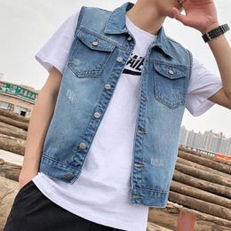 Men's Vests Denim Waistcoat Pocket Vest Sleeveless Jacket With Ripped Holes Pockets Single Breasted Washed For Casual