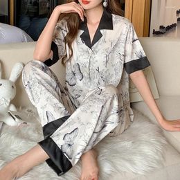 Women's Sleepwear Women Luxury Pajamas Thin Pyjama Female Elegant Ladies Faux Silk Lapel Pajama Sets Short Sleeve Long Pants Pijamas