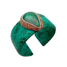 Y.YING Natural Teardrop Shape Malachite Green Leather Bangle Bracelet 231229