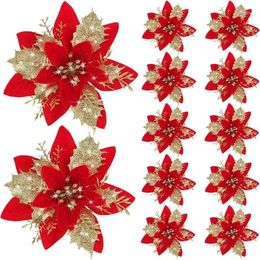 Decorative Flowers 5pcs 14cm Glitter Artificial Christmas Tree Decoration Poinsettia Flower Head For Xmas Home Ornaments Year