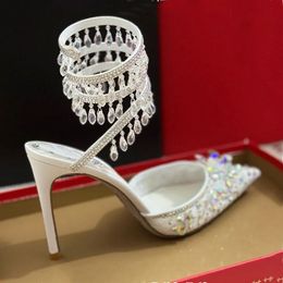 Rene Caovilla Embellished Chandelier Crystal Ankle-wrap Shoes Lace Point-toe Slingback Pumps Stiletto Sandals 9.5cm Women Luxury Designers Evening Shies