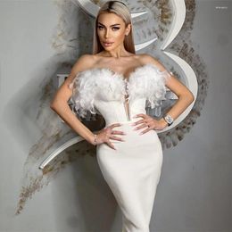 Casual Dresses Women Elegant Strapless Bandage Dress 2024 Sexy Feathers Bodycon Clothes Club Party Midi