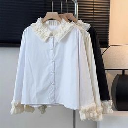 Women's Blouses Autumn French Retro Loose Shirt Lace Collar Beading Long Puff Sleeve Casual Top Lapel Single Button Design Blouse Drop