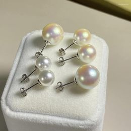 Stud Earrings 8/10/12MM Freshwater Pearl 925 Sterling Silver Women Girls Jewelry Gift Exquisite Simplicity