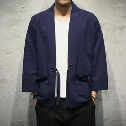 Men's Casual Shirts Cotton Linen Men Kimono Traditional Open Stitch Shirt Belt Pocket Male Three Quarter Sleeve Harajuku
