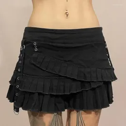 Skirts Gothic Style Black Mini Skirt Women Gyaru Low Waist Irregular Ruffle Patchwork Pleated Denim Grunge Y2k Streetwear 2024