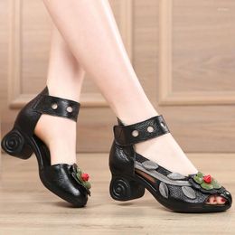 Sandals 2024 Spring Autumn Single Shoes Female Ethnic Wind Flower Fish Mouth Casual Rough Heel Dance Chaussure Femme