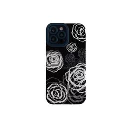 Leather Fashion Cool White Flower Phone Case For iphone 15 14 13 12 11 Pro Max XS X XR 15 Plus Fashion Soft Silicone Black Back Cover 100pcs