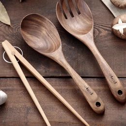Dinnerware Sets Japanese Wooden Large Spoon Dual Use Salad Fork Household Wood Rice Long Handle Kitchen Accessories