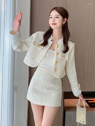 Work Dresses Autumn High Quality Female Elegant Sequin Tweed 2 Piece Set Women Outfits Cropped Jacket Coats Waist Mini Skirt Suits