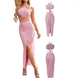 Work Dresses WPNAKS Women 2 Piece Skirt Set Summer Clothes Tie-up Backless Camisole With Slit Long Sexy Club