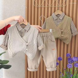 Clothing Sets 2024 Spring Autumn Kids Fashion Korean Checkered Knitted V-neck Sweater Tank Shirt Pants Three Piece Set For Boys And Girls