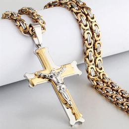Pendant Necklaces Gold Color Fish Bone Pattern Cross Necklace Men Stainless Steel Crucifix Jesus Link Chain Catholic Jewelry GiftP218a
