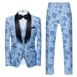 Men's Suits Temperament Wedding Pant 3 Pieces Set (Blazer Vest Trousers) Bule Business Fashion Flower Print Male Jacket Sets