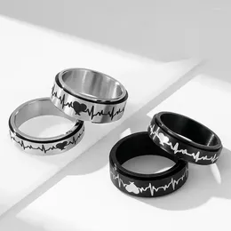 Cluster Rings Stainless Steel Heartbeat Spinner Couple Wedding Band Ring For Women Men Size 5-12