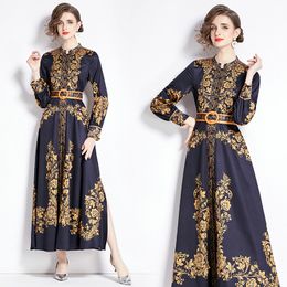 Boutique Women Printed Dress Long Sleeve Retro Long Dress 2024 Spring Autumn Maxi Dress High-end Tempermant Lady Dresses Party Runway Dresses