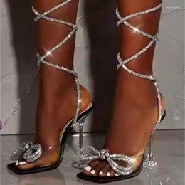 Sandals Rhinestone Women 2024 Summer Roman Plus Size Strappy Bow Party High Heels Square Toe Mules Shoes Sandalias De Mujer
