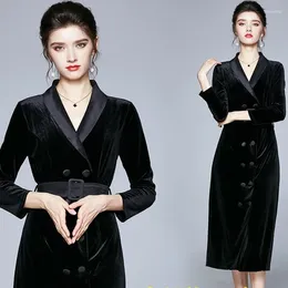 Casual Dresses Suit Velvet Dress Women'S 2024 Autumn/Winter Temperament French Style Collar Double Breasted Long Sleeve Slim Fit Mid L