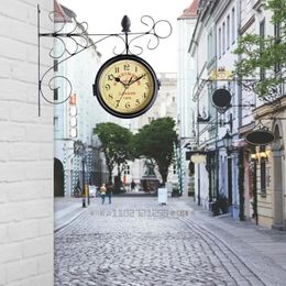 Wall Clocks Outdoor Garden Station Clock Double Sided Retro Quartz Watches Metal Iron Art Hanging For Corridor Decoration