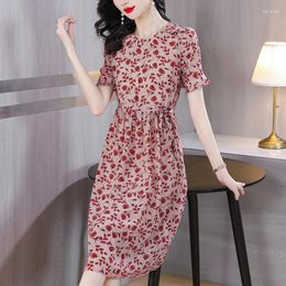 Casual Dresses 2024 Heavy Silk Dress Mid-length Red Printed Western Style Slim Mulberry A-line Skirt