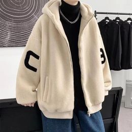 Men's Jackets Fashionable Letter Print Jacket Autumn Winter With Letters Plush Hooded Coat Zipper For Fall