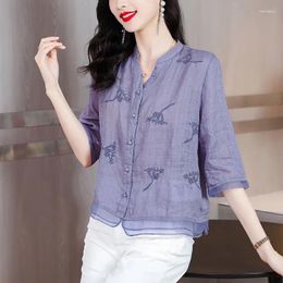 Women's Blouses Cotton Linen Shirt 2024 Summer Embroidery Style Cardigan Casual Loose 7/4 Sleeve Top